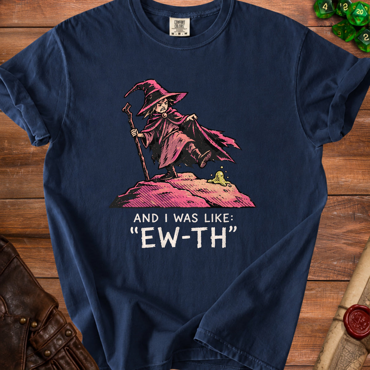 Navy t-shirt with a graphic of a witch saying "Ew-th" next to a blob.