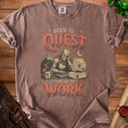 T-shirt graphic with knight at computer saying "Born to Quest, Forced to Work."