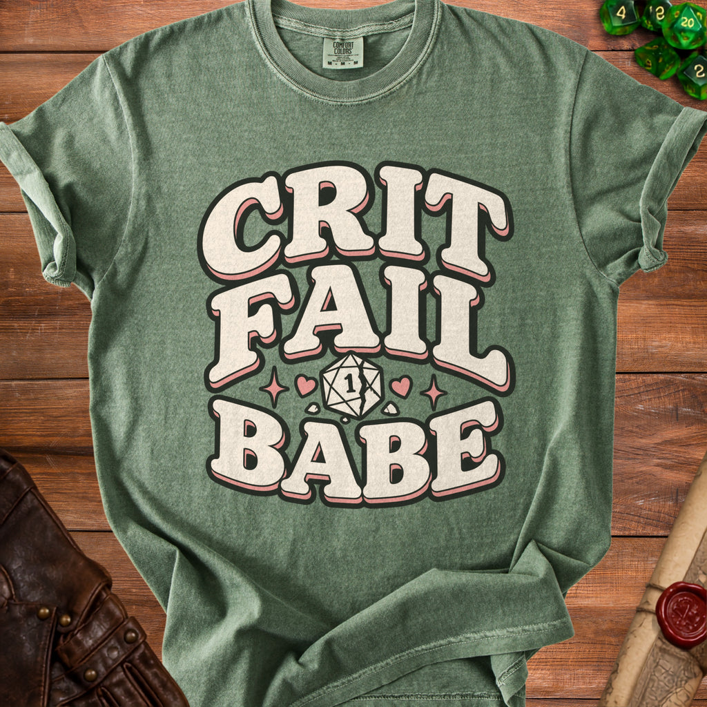 Green t-shirt with "Crit Fail Babe" text and a d20 die graphic.