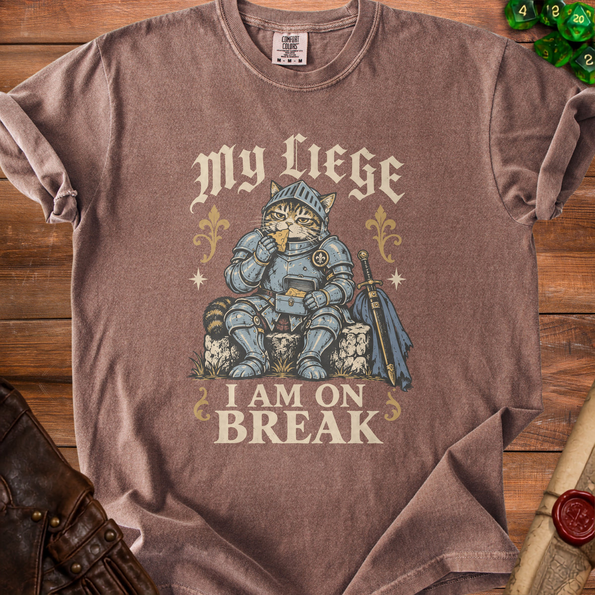 Cat in knight armor eating cheese, with text "My Liege I Am On Break".