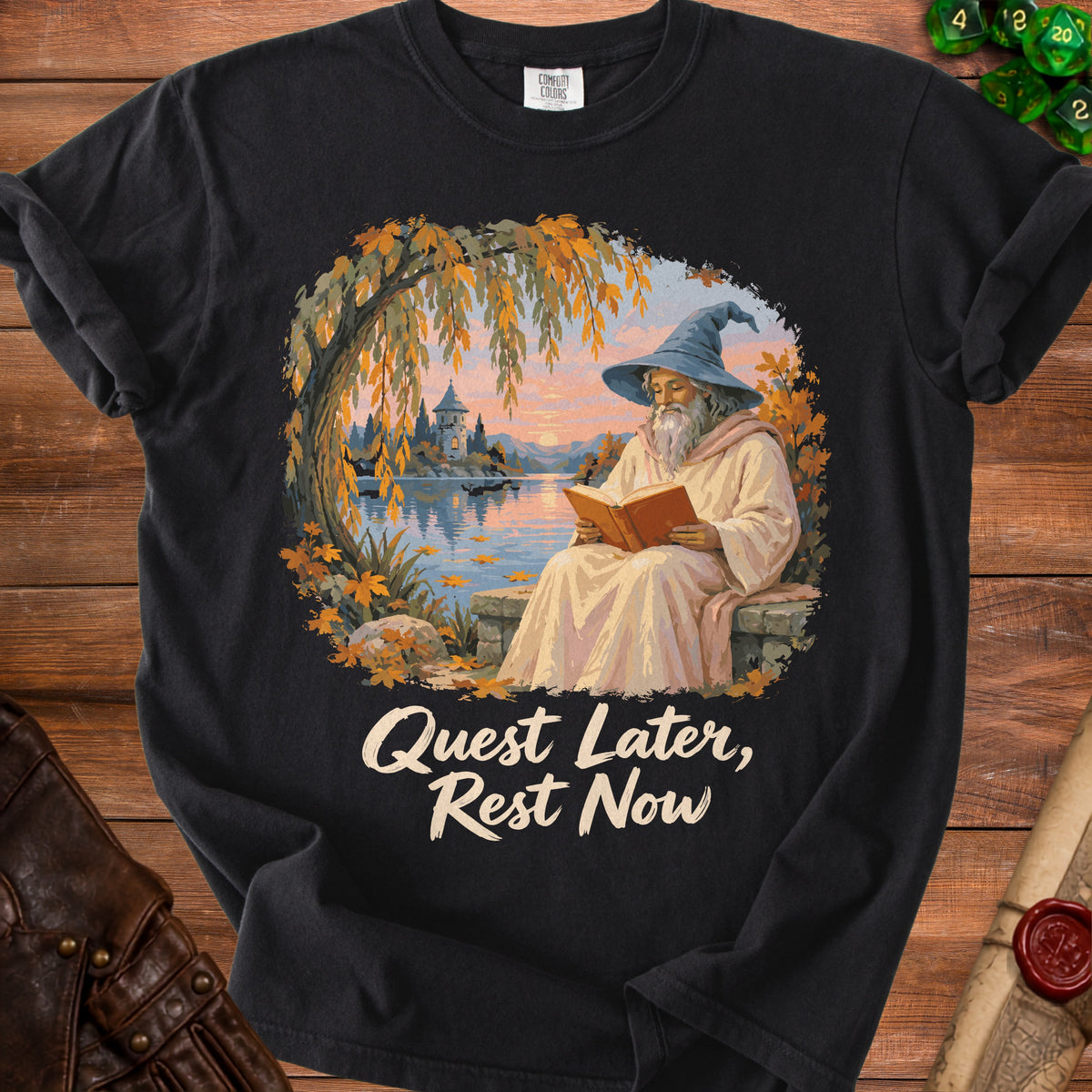 Wizard reading by lake with text "Quest Later, Rest Now"