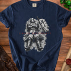 Navy t-shirt with knight graphic and text "CANCEL THE CRUSADE".