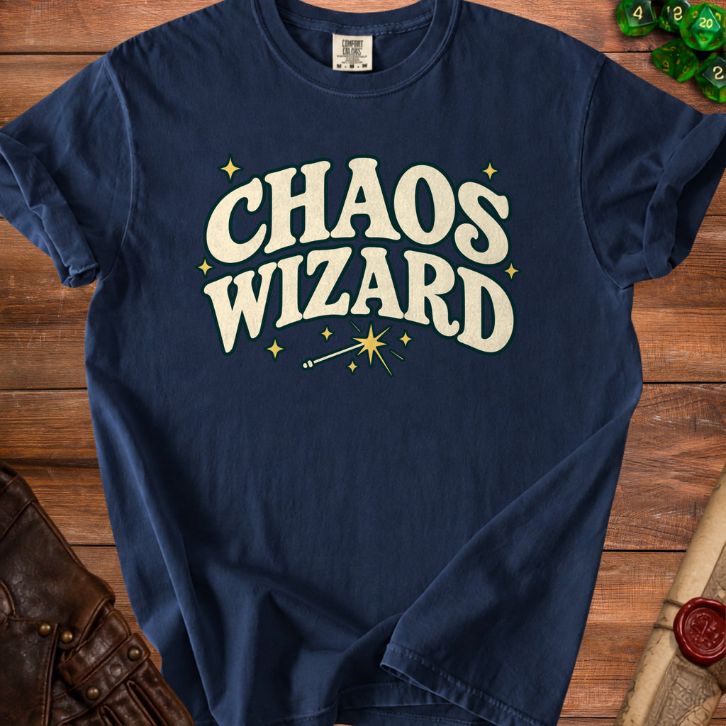 Navy t-shirt with "Chaos Wizard" in cream and green text and a star wand.