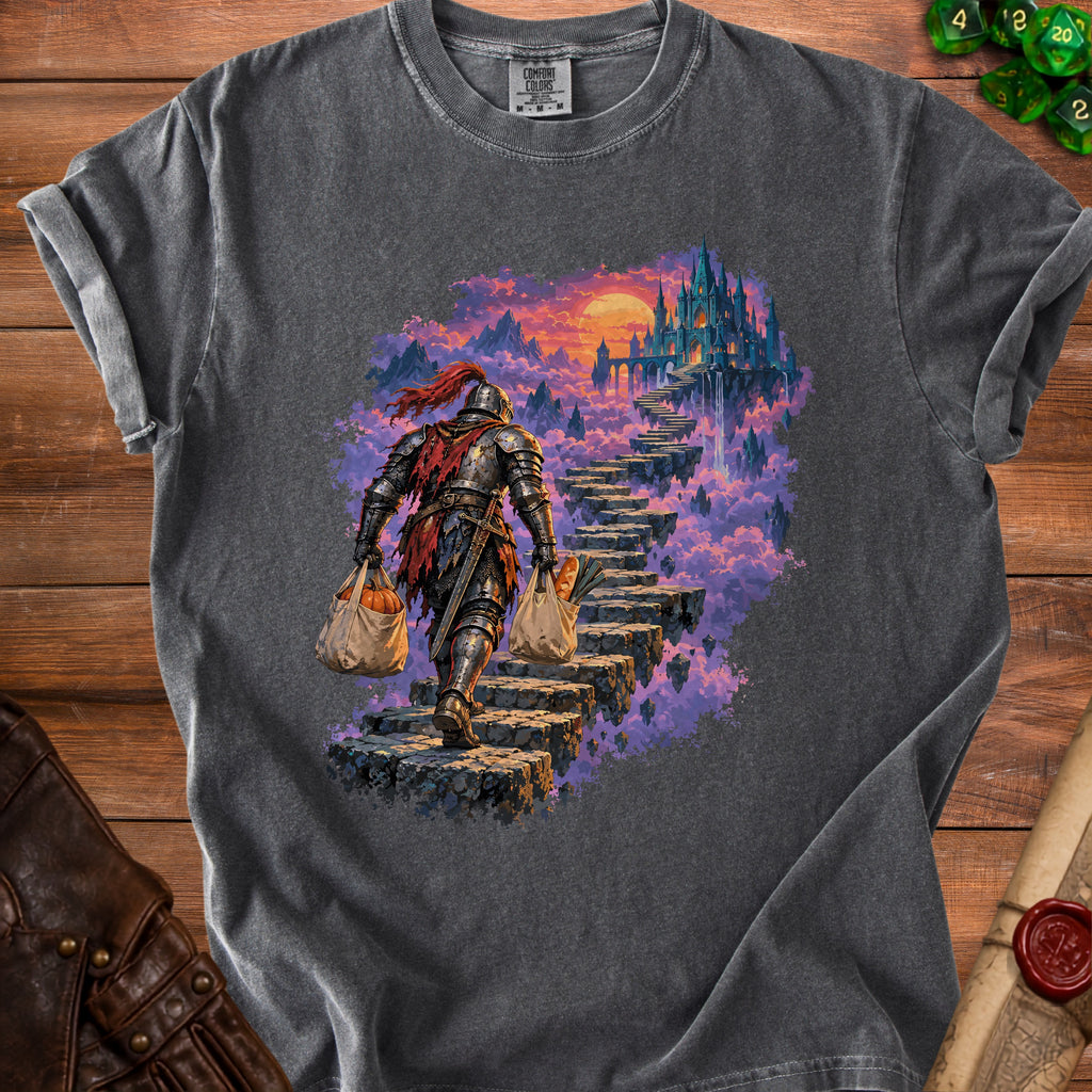 Knight with groceries ascends stairs toward a castle at sunset.