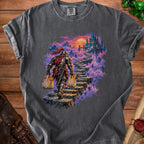 Knight with groceries ascends stairs toward a castle at sunset.