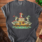 Three ducks play a tabletop roleplaying game around a wooden table.