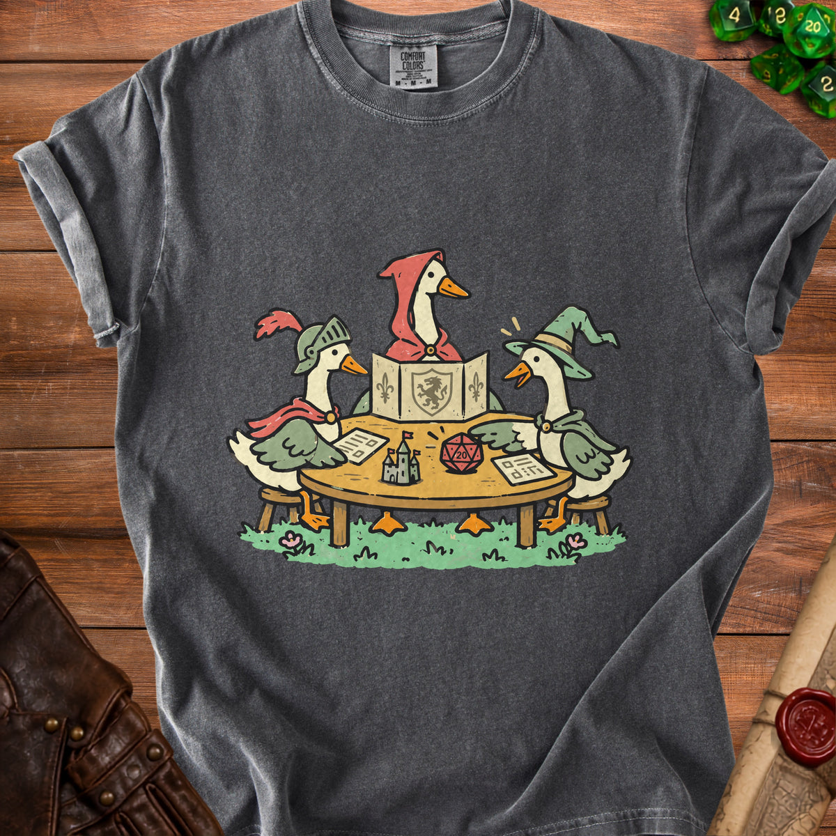 Three ducks play a tabletop roleplaying game around a wooden table.