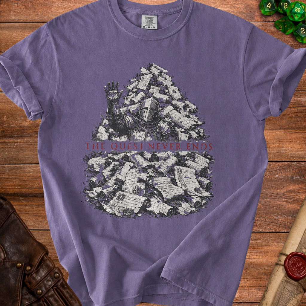 Knight in armor submerged in pile of scrolls with text "THE QUEST NEVER ENDS".