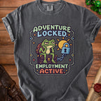 Charcoal t-shirt featuring pixel art of a tired frog sitting on a chest next to the text Adventure Locked Employment Active.