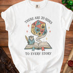White t-shirt with a graphic of an owl and a d20 die with text "There are 20 sides to every story".