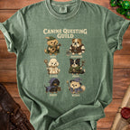 Green t-shirt featuring six dogs dressed as Dungeons & Dragons characters under "Canine Questing Guild".