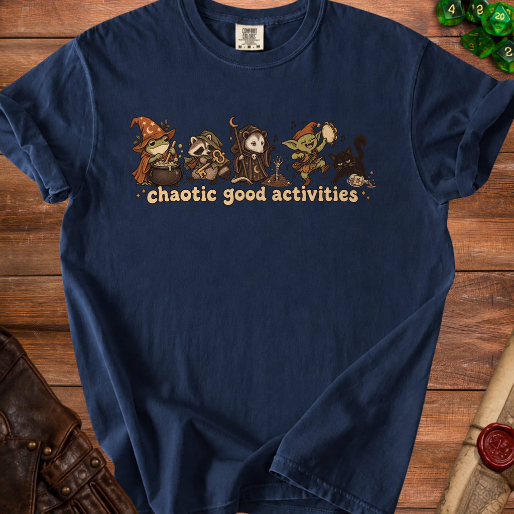 Navy t-shirt with frog, raccoon, possum, goblin, and cat wearing wizard hats and playing instruments.