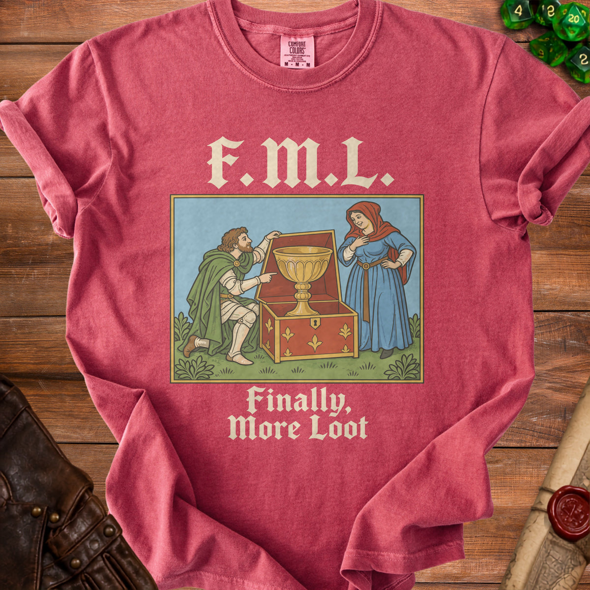 Red t-shirt with "F.M.L. Finally, More Loot" and medieval art.