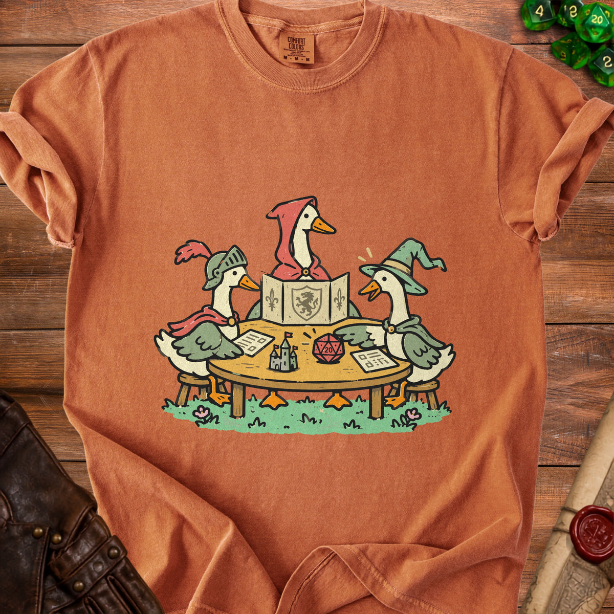 Three geese play a tabletop roleplaying game with dice, a castle, and rulebooks.