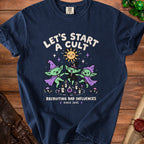 Dark blue t-shirt with "Let's Start a Cult" text and cartoon goblins.