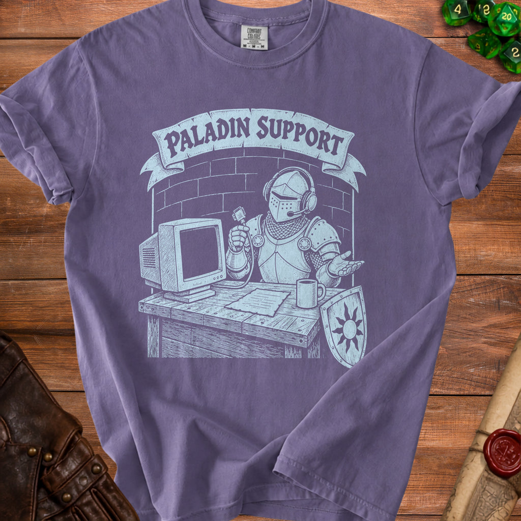 T-shirt with a knight wearing headphones at a desk with "Paladin Support" banner.