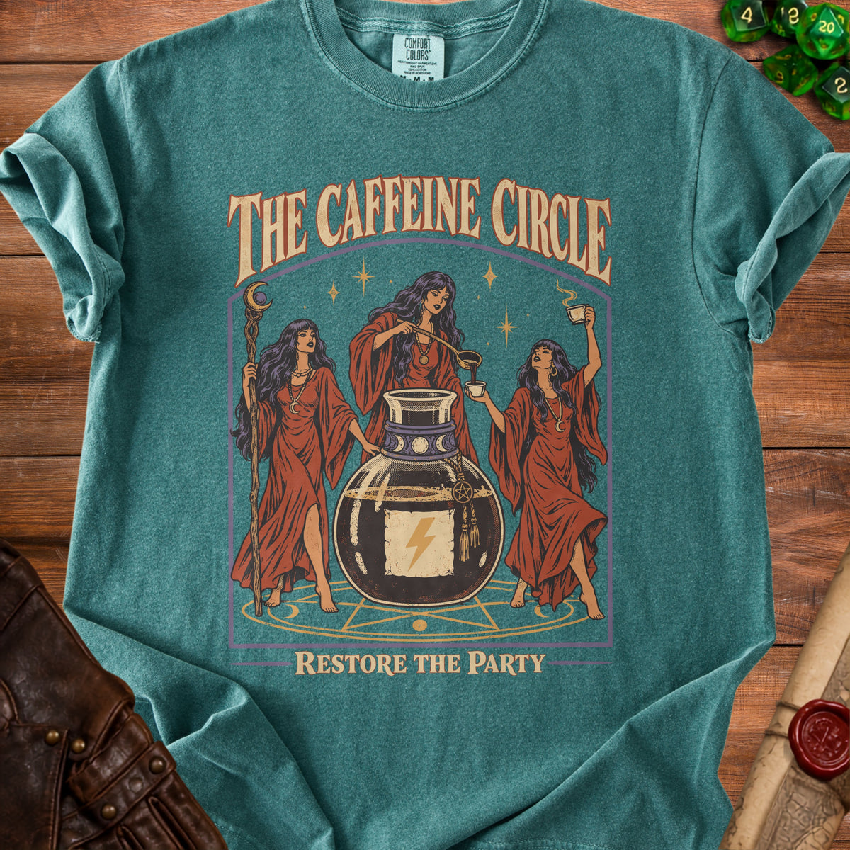 The Caffeine Circle graphic with three women around a coffee pot and lightning bolt. Restore the Party text.