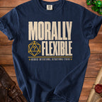 Navy t-shirt with "MORALLY FLEXIBLE" and a d20 dice graphic.