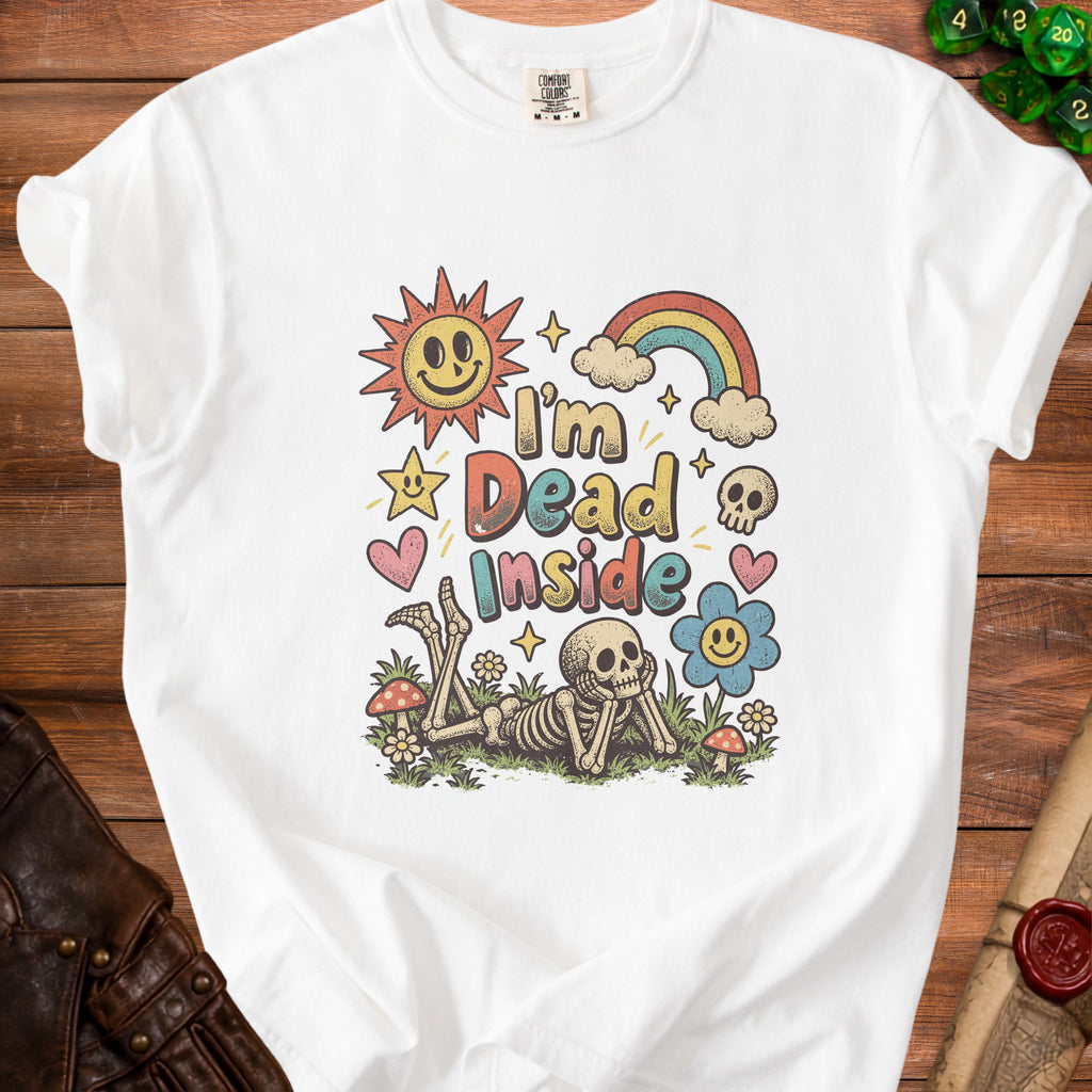 White t-shirt with vintage "I'm Dead Inside" graphic featuring skeletons and retro icons.