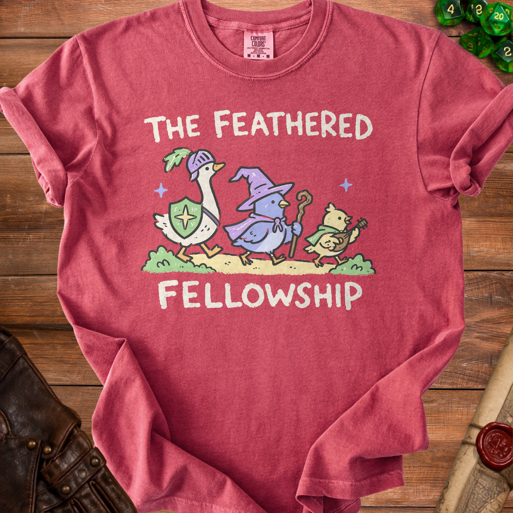Red t-shirt with cartoon goose, bird, and chick on it, reading "THE FEATHERED FELLOWSHIP".