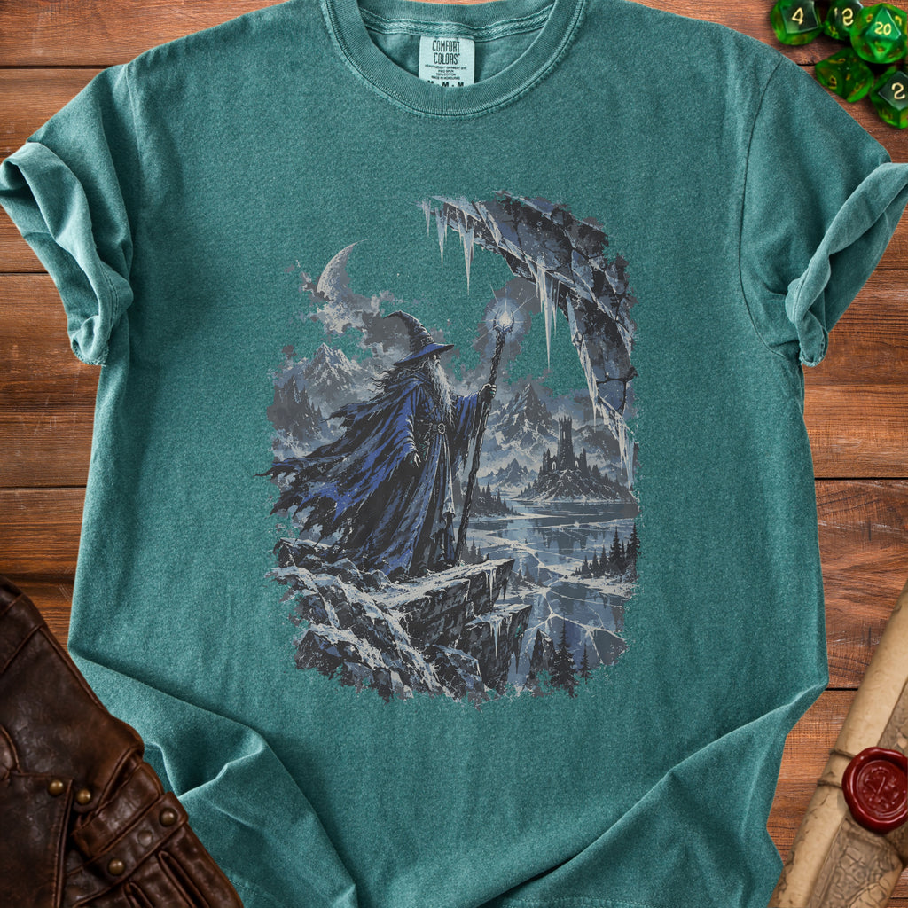 Teal t-shirt with wizard and icy castle graphic.