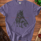Purple t-shirt featuring knight on donkey with text "OFF TO SUFFER".