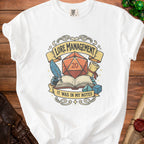 White t-shirt with a "Lore Management It Was In My Notes" graphic featuring a d20 die.