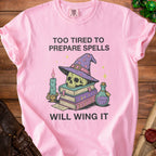 Pink t-shirt with "Too tired to prepare spells will wing it" text and wizard graphic.