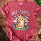 Red t-shirt with a cartoon kitten, rainbow, and "ALPHA MALE" text.