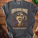 Graphic tee with "Coffee Before Combat" and "Roll Initiative After Breakfast" text.