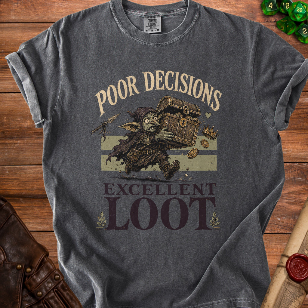 Dark gray t-shirt with goblin carrying a treasure chest and text.