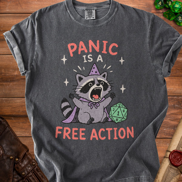 Panic Raccoon Free Action T-Shirt in Pepper