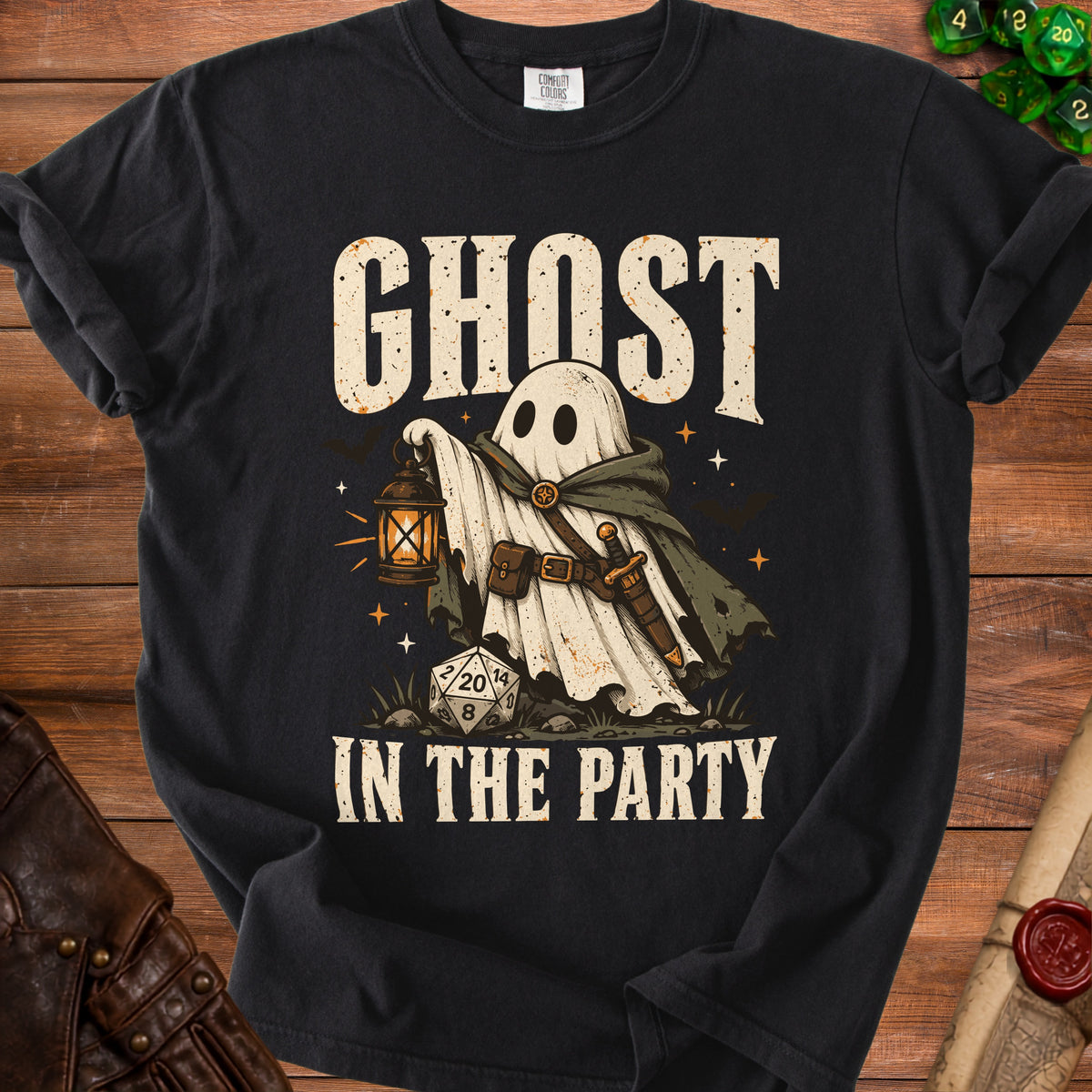 Ghost holding lantern and sword with "Ghost In The Party" text.