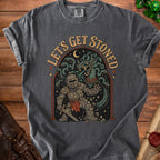 Dark gray t-shirt with "Let's Get Stoned" text above a knight battling a dragon and snakes.