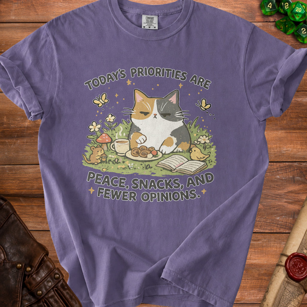 Calico cat graphic with text "Today's priorities are peace, snacks, and fewer opinions."