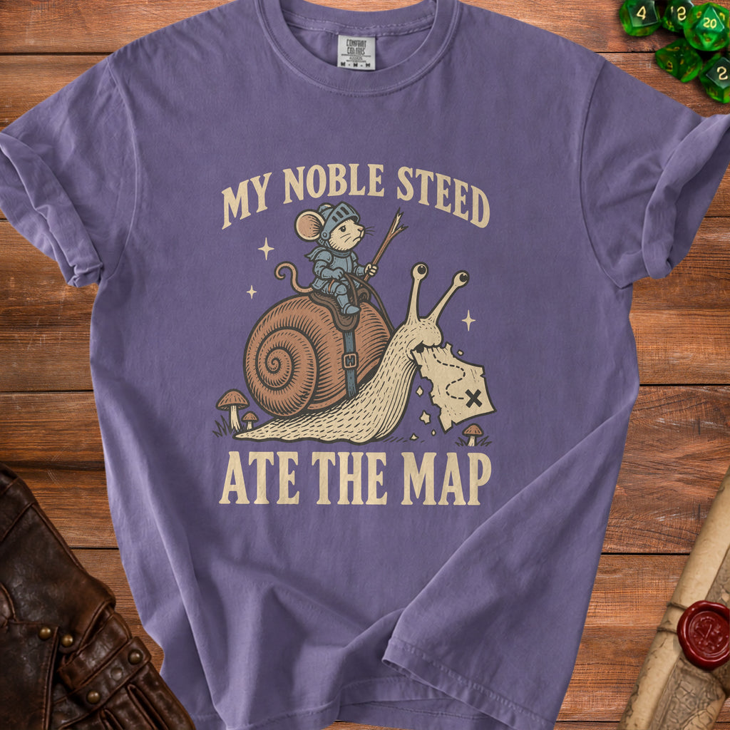 Purple t-shirt with mouse knight riding snail, "My Noble Steed Ate The Map".