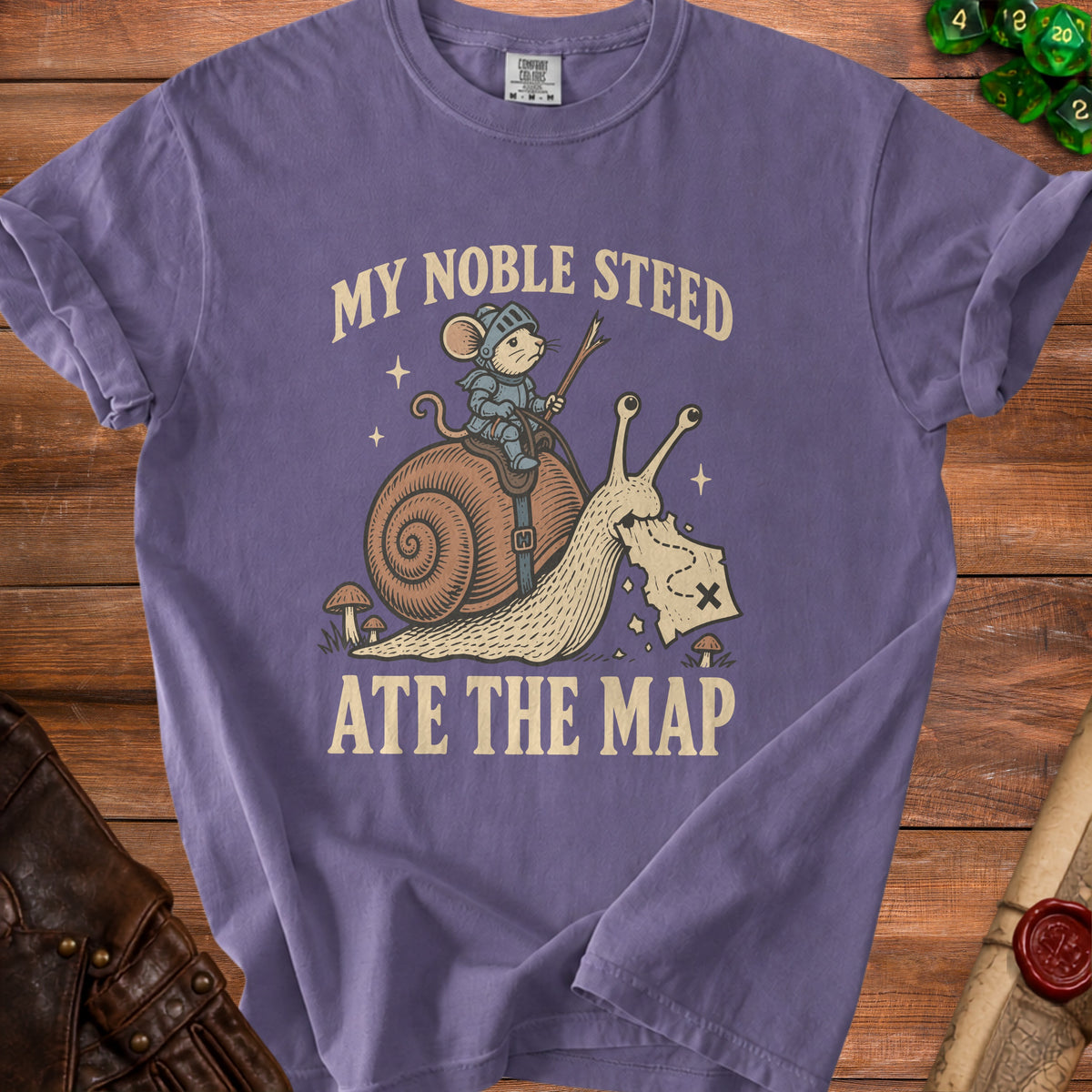 Purple t-shirt with mouse knight riding snail, "My Noble Steed Ate The Map".