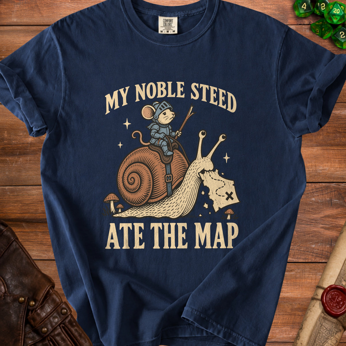 A mouse knight rides a snail, with text "My Noble Steed Ate The Map".
