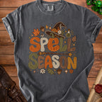 Dark gray t-shirt with "Spell Season" text and Halloween themed graphics.