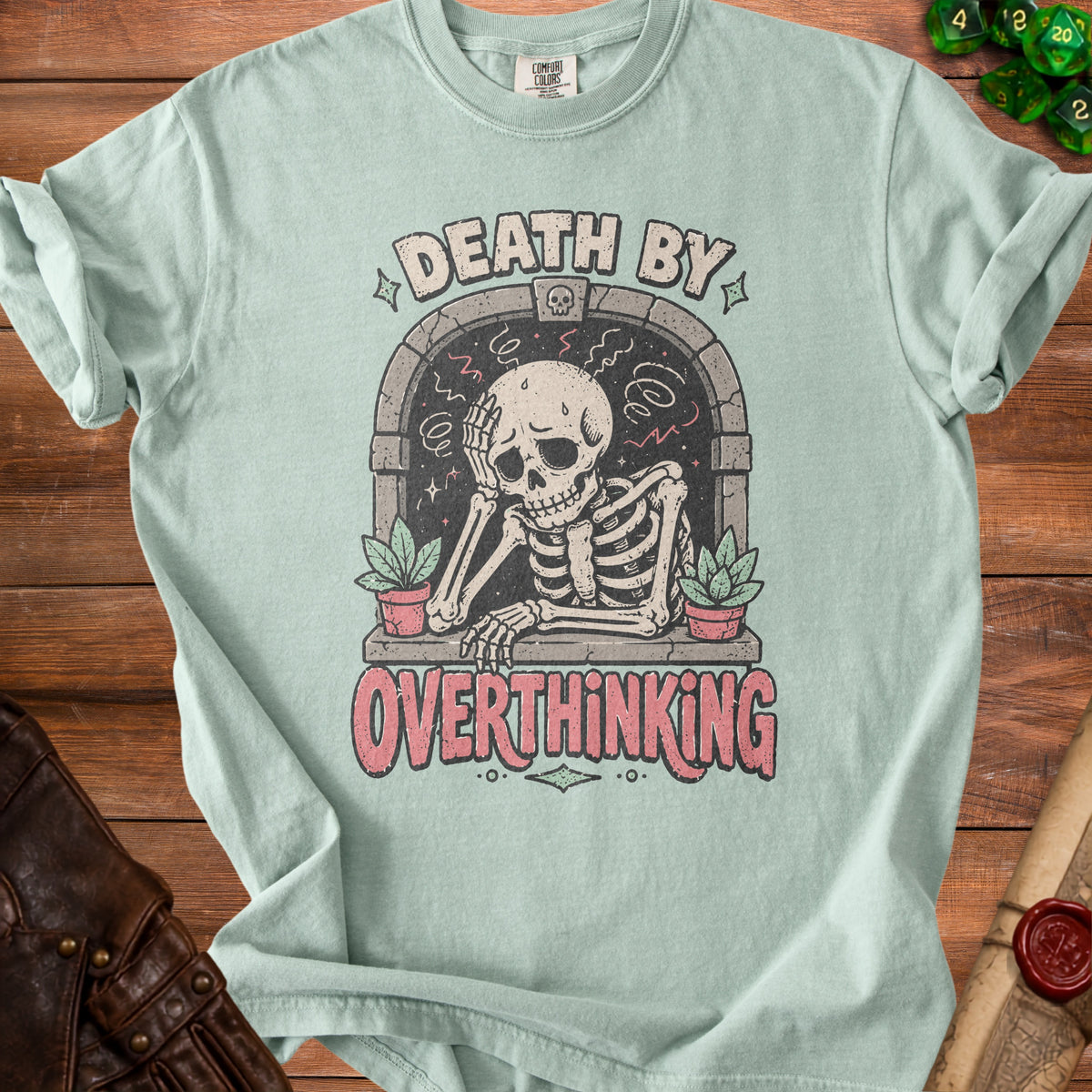 Skeleton graphic t-shirt with "Death by Overthinking" text in distressed font.
