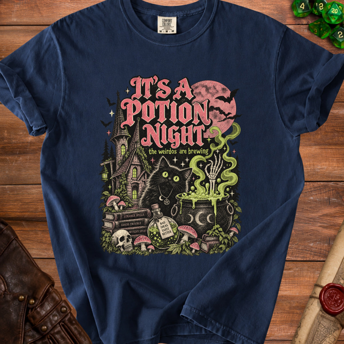 Navy t-shirt with Halloween graphic: "It's a potion night" and "the weirdos are brewing".