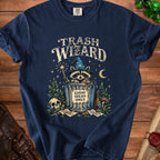 Dark blue t-shirt with a raccoon wizard in a trash can reading "Good Ideas Only."