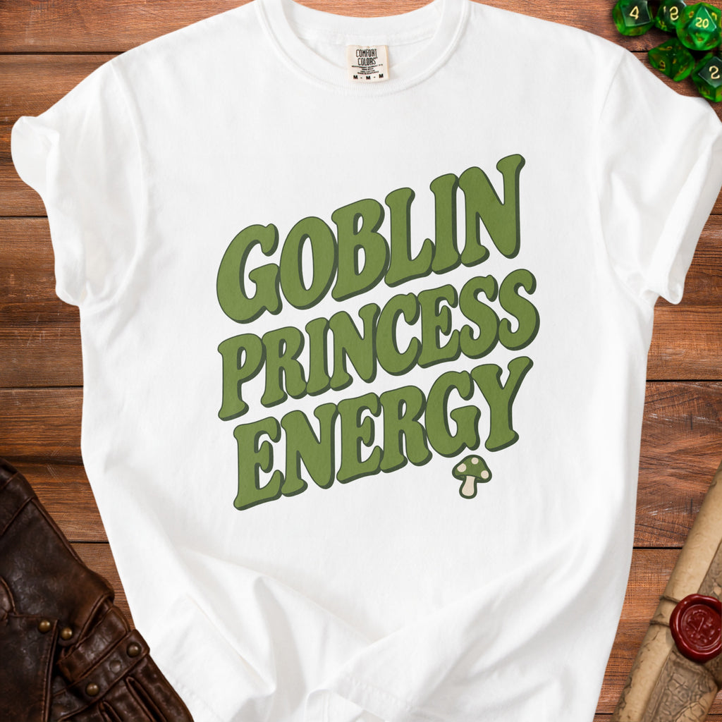 White t-shirt with green text "Goblin Princess Energy" and a mushroom graphic.