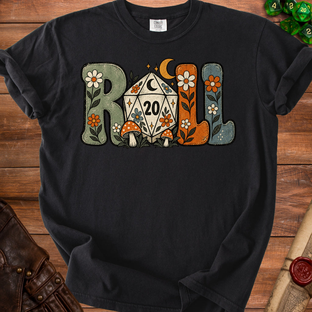 Black t-shirt with retro "ROLL" text and a 20-sided die graphic.