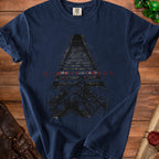 Navy t-shirt with stairs and text that reads "ALMOST THERE".