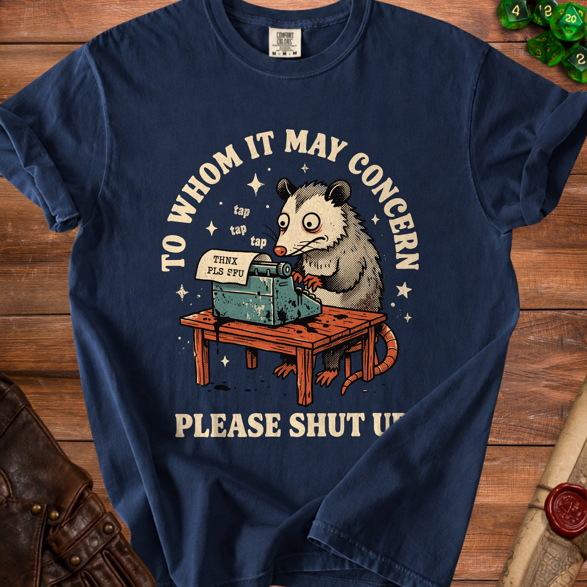 Opossum at typewriter reads "THNX PLS SFU" and "PLEASE SHUT UP".