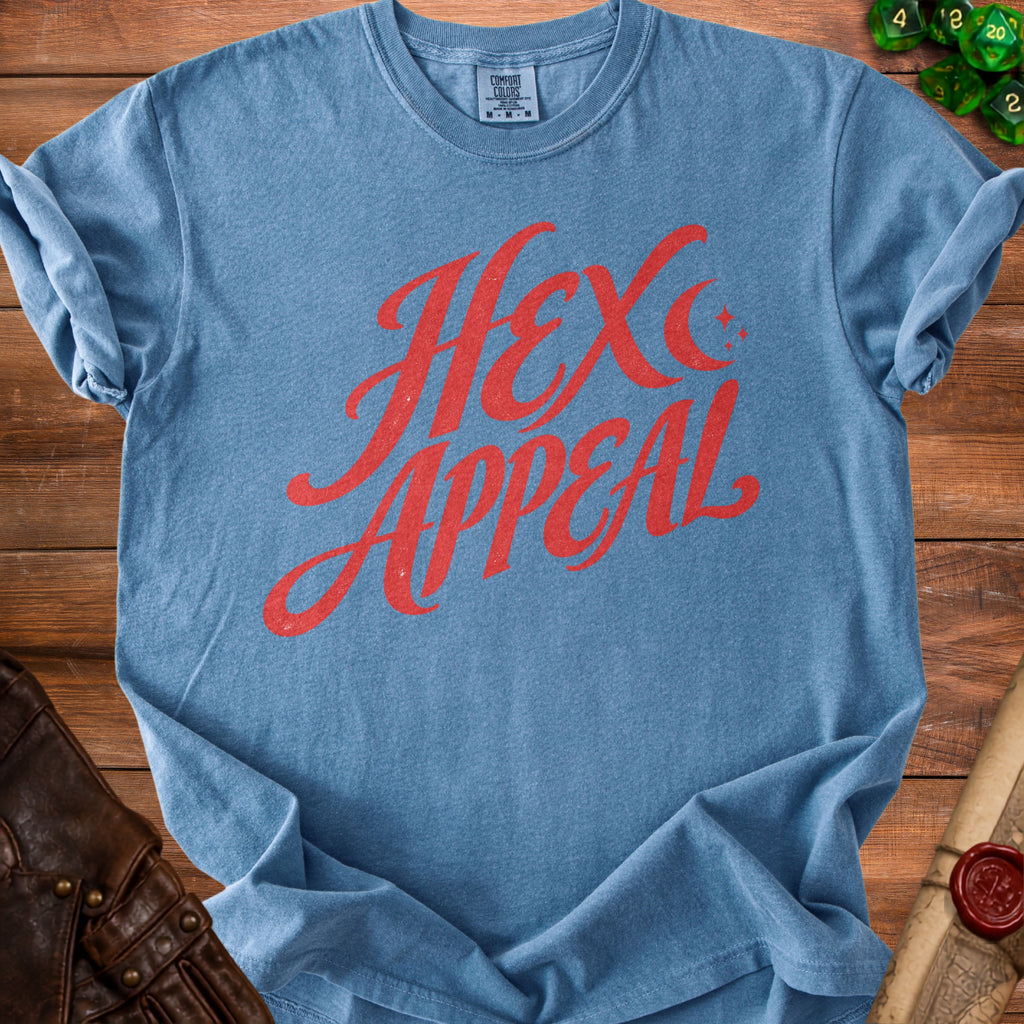 Blue t-shirt with red "Hex Appeal" text and crescent moon graphic.
