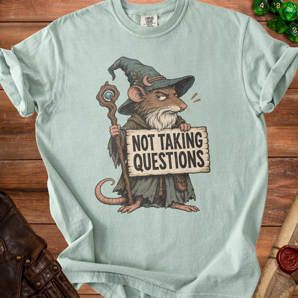 Wizard mouse holding a staff and a sign that says "Not Taking Questions".