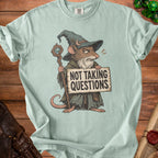 Wizard mouse holding a staff and a sign that says "Not Taking Questions".