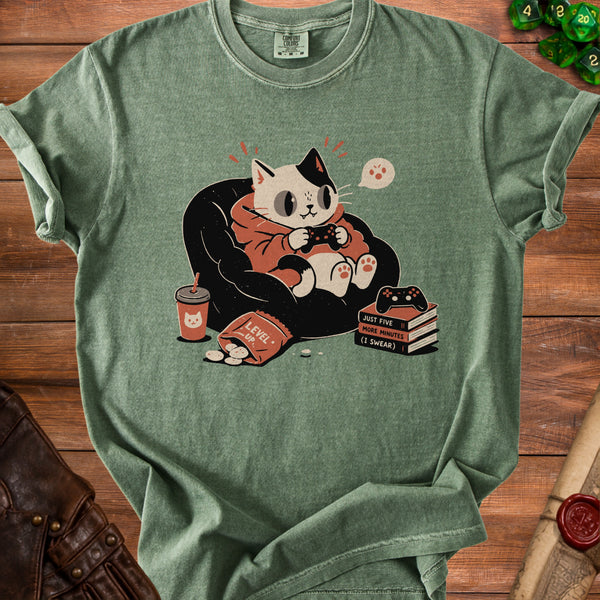 Gamer Cat Cozy Gaming Nights T-Shirt in Moss